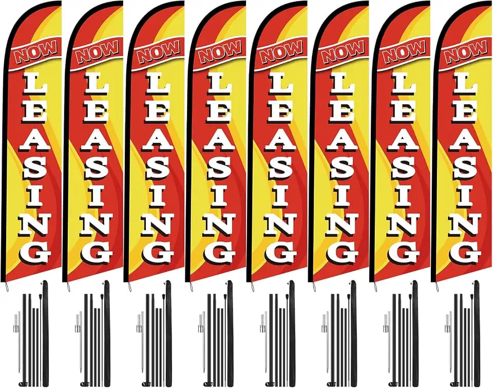 8 Pack Now Leasing Feather Flag Pole Kit Include 15 ft Now Leasing Flag Banner with Poles, Heavy Duty Ground Stake Real Estate Advertising Sign for Business Advertisement