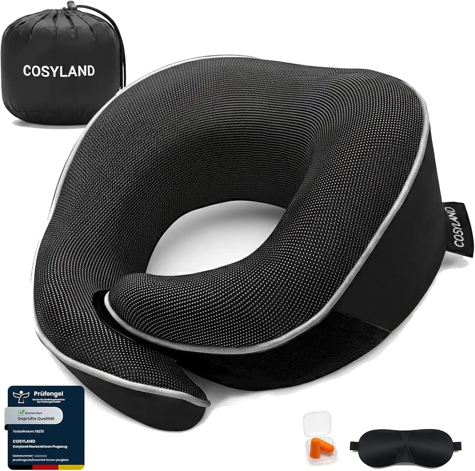 COSYLAND Nackenkissen Flugzeug & Auto - 360° Support Memory Foam Reisekissen Verstellbar - Ergonomisches Nackenhörnchen Erwachsene inkl. Beutel, Schlafmaske & Ohrstöpsel - Waschbar, Schwarz