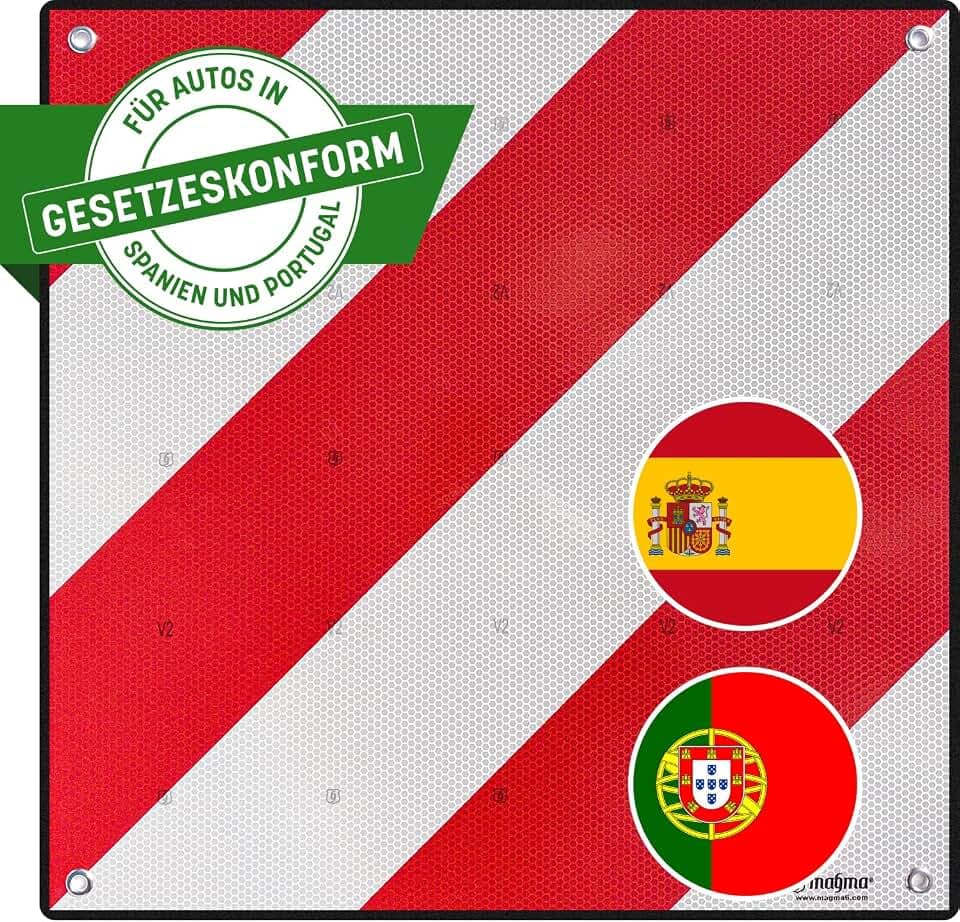 MAGMA Warntafel für hinten, Spanien. Für Fahrradträger, Heckträger, Anhänger, Warnschild für Wohnwagen, Wohnmobil, Auto. Urlaub, Camping, Abschleppen Rot-weiße Streifen, reflektierend