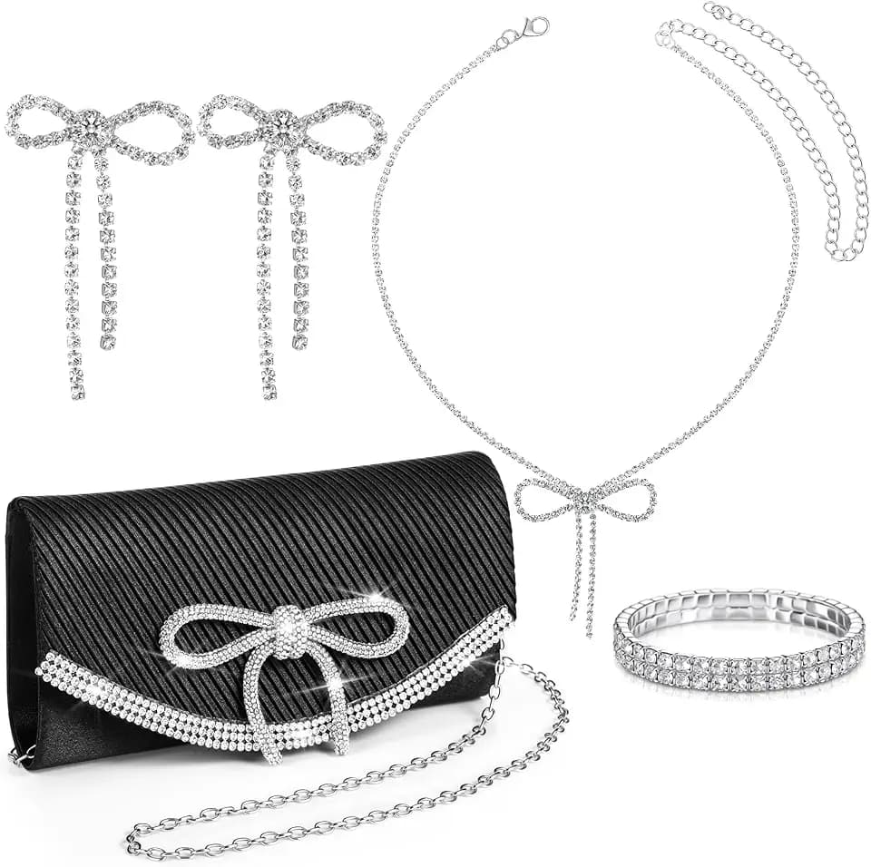 Abbylike 4 Pcs Rhinestone Evening Clutch Bag Set with Bow Dangle Earrings Necklace and Bracelet Glitter Purse for Women Prom