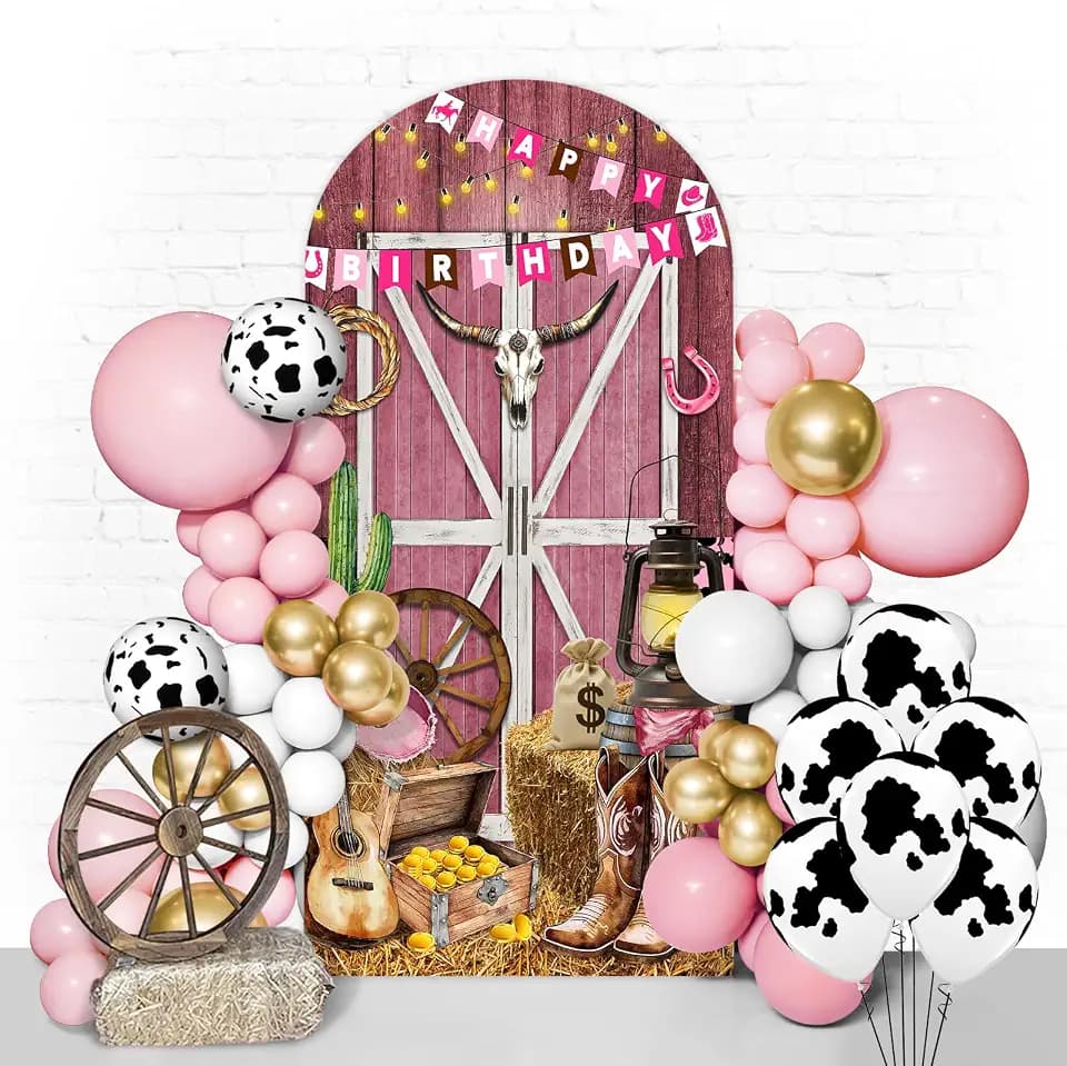 Western Cowgirl Arch Backdrop Cover 7.2FT Wild West Rustic Wooden House Pink Cowgirl Party Spandex Arch Cover Backdrop Fabric 2-Sided Round Top Stretchy Backdrops Stand Covers for Western Party