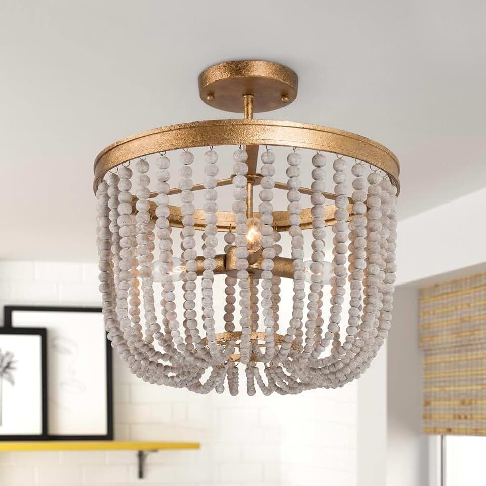 Wood Beaded Ceiling Light, Boho Semi Flush Mount Ceiling Light Fixture, Farmhouse 3 Light Gold Ceiling Light for Bedroom, Hallway, Kitchen, Foyer