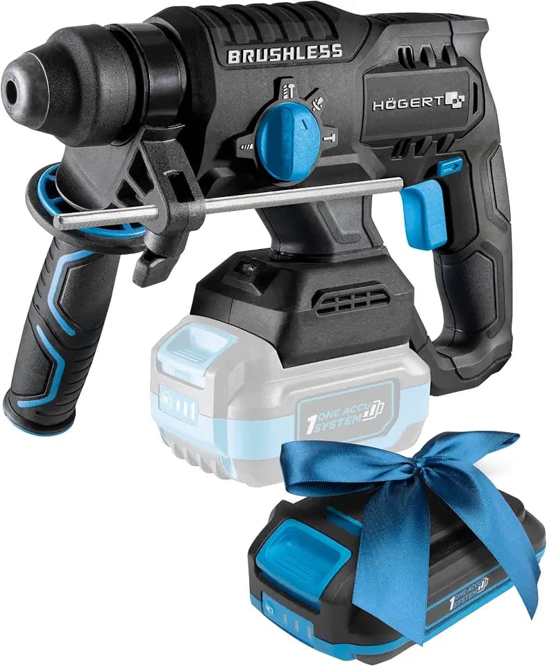 HÖGERT TECHNIK Akku-Kombihammer 18V Bürstenlos, 2,0 J Schlagenergie, SDS+ Bohrfutter, 4600 IPM, Meißelfunktion, LED-Beleuchtung, ohne Akku, Ideal für Beton, Holz, und Metall + PROMO 2,0 Ah Akku