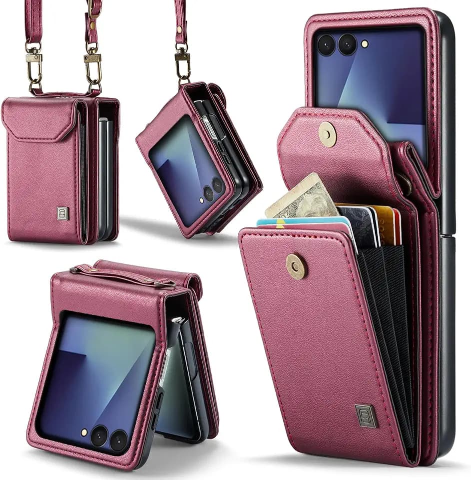 Crossbody Case Compatible with Samsung Galaxy Z Flip 7,Retro PU Leather Strap Wristlet Flip Case with Magnetic Closure and Card Holder for Men Women Rose Red
