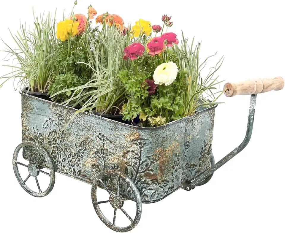 Vintage Flower Cart with Wooden Handles Metal Wagon Planter Blue