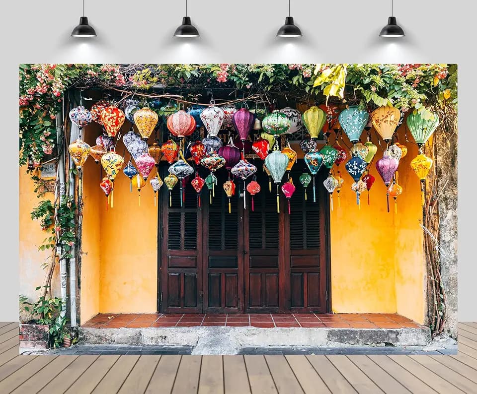 7x5ft Vietnam Street Backdrop Asia Colorful Lanterns Yellow House Wooden Window Background Asia Vietnam Travel Party Decor Kids Adults Artistic Portrait Photo Studio Props