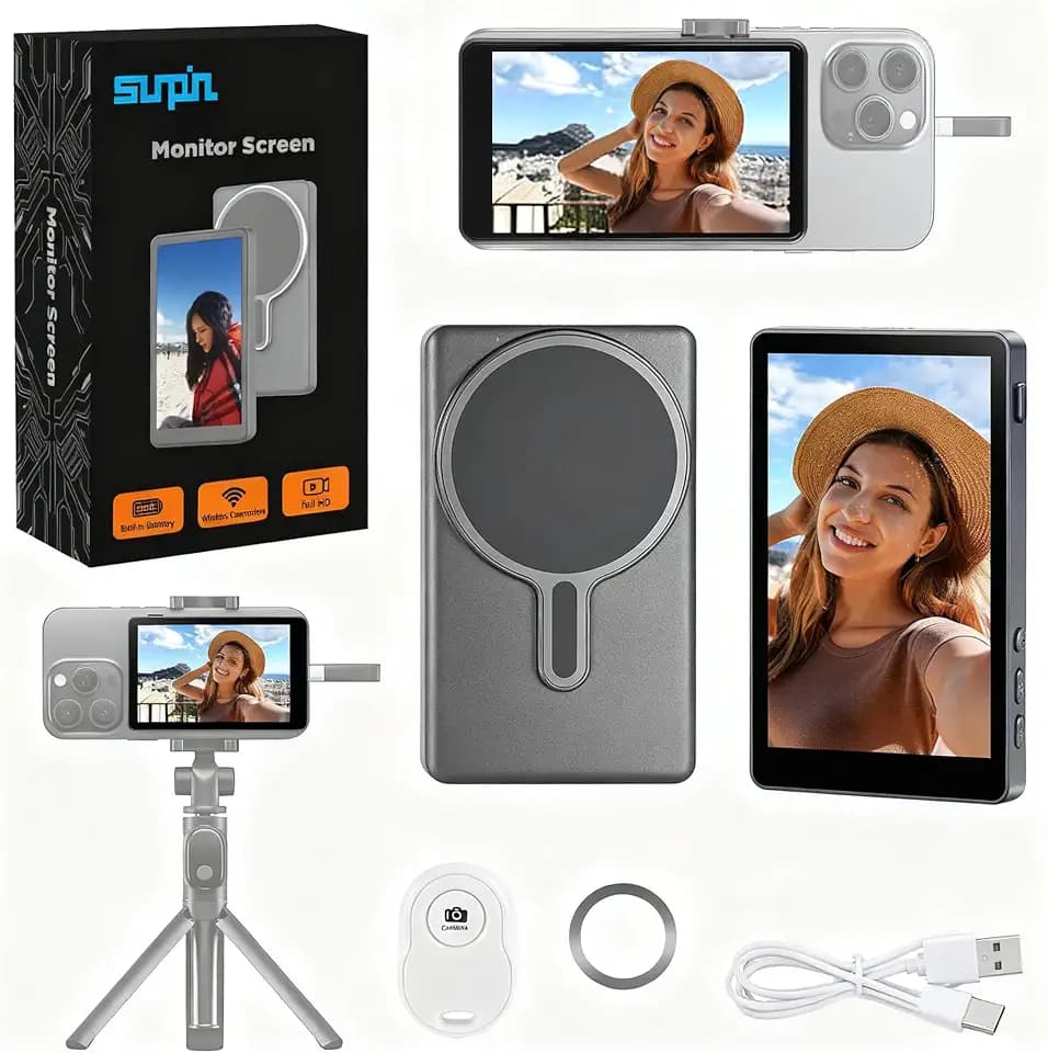 SUNPIN Vlog Selfie Monitor Screen for iPhone & Android, 4-Inch Wireless Back Camera Monitor, Magnetic Clip-On Phone Monitor with Speaker, 400-Lumen Display, Rechargeable Battery for TikTok, Gray