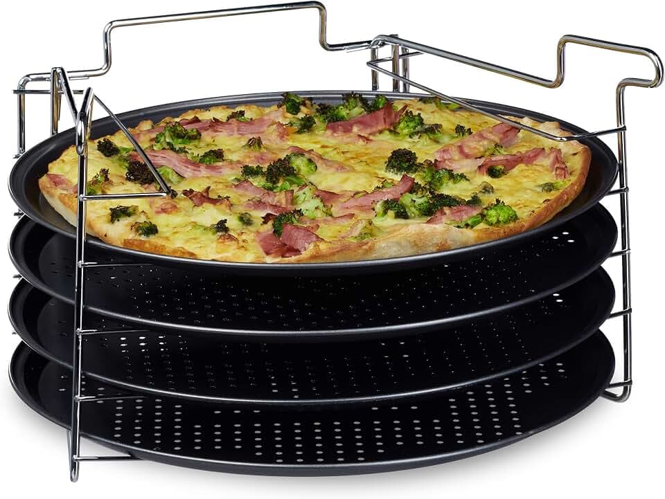 Relaxdays Pizzablech im 4er Set HBT: 20 x 32 x 32 cm Pizzabäcker-Set mit 4 Backblechen und Ständer als Pizza-Backblech und Flammkuchen Blech rundes Pizzabackblech mit Antihaftbeschichtung, anthrazit