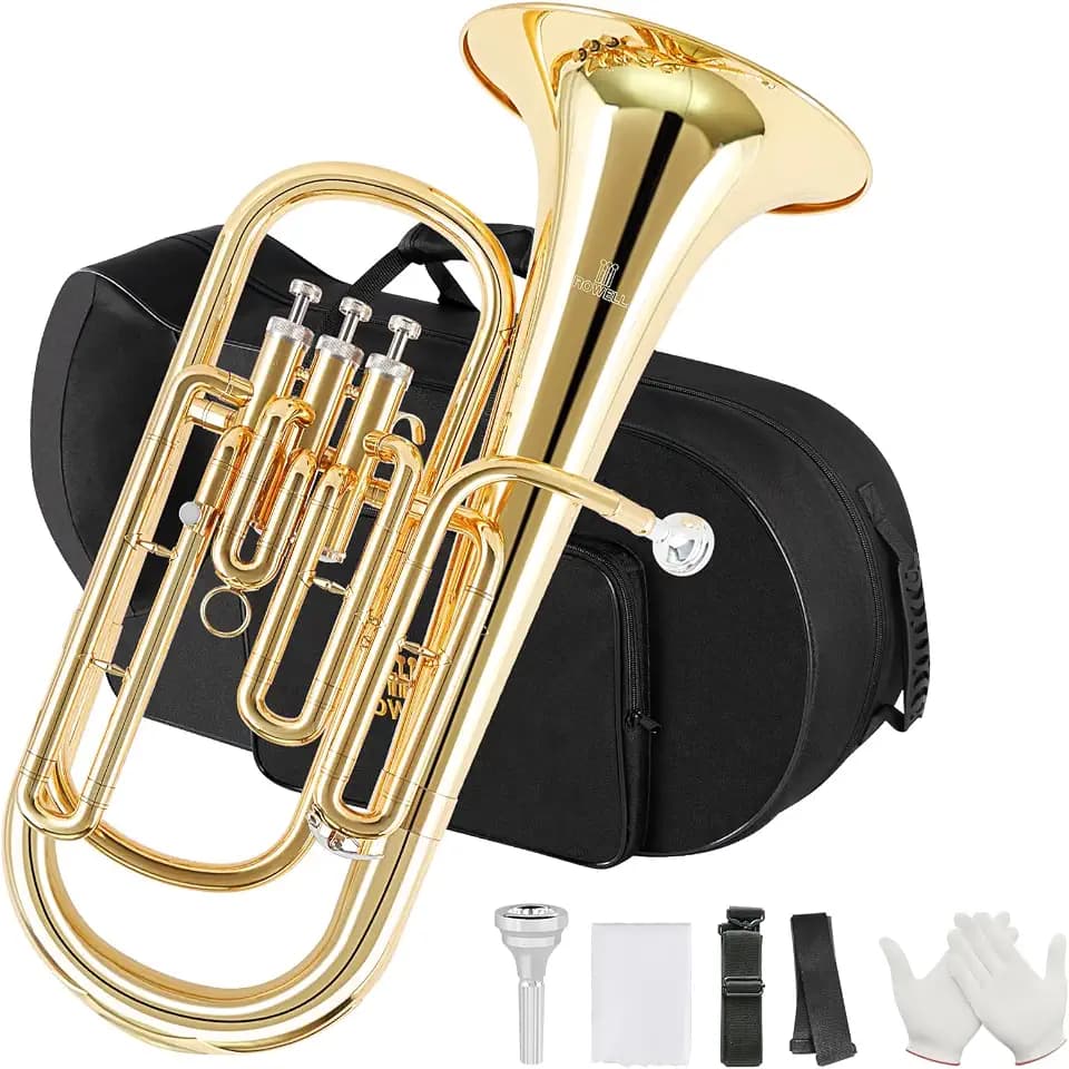 ROWELL Professional Baritone Horn 3 Valves Baritone Horn -Yellow Brass Body with Gold Lacquer Finish Stainless Steel Pistons– Bb Brass Instrument for Concert Bands & Advanced Players