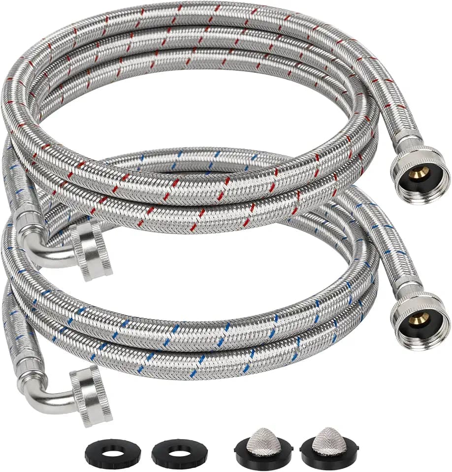 6 FT Washing Machine Hoses with 90 Degree Elbow, Stainless Steel Braided Washer Hose Supply Line with 3/4" FHT Connectors for Short to Moderate-Residential Water Supply, Red & Blue, 2 Pack