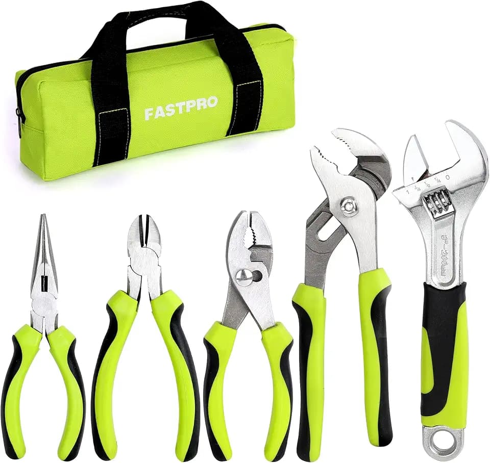 FASTPRO 5-Piece Pliers and Wrench Set with Storage Bag,Green