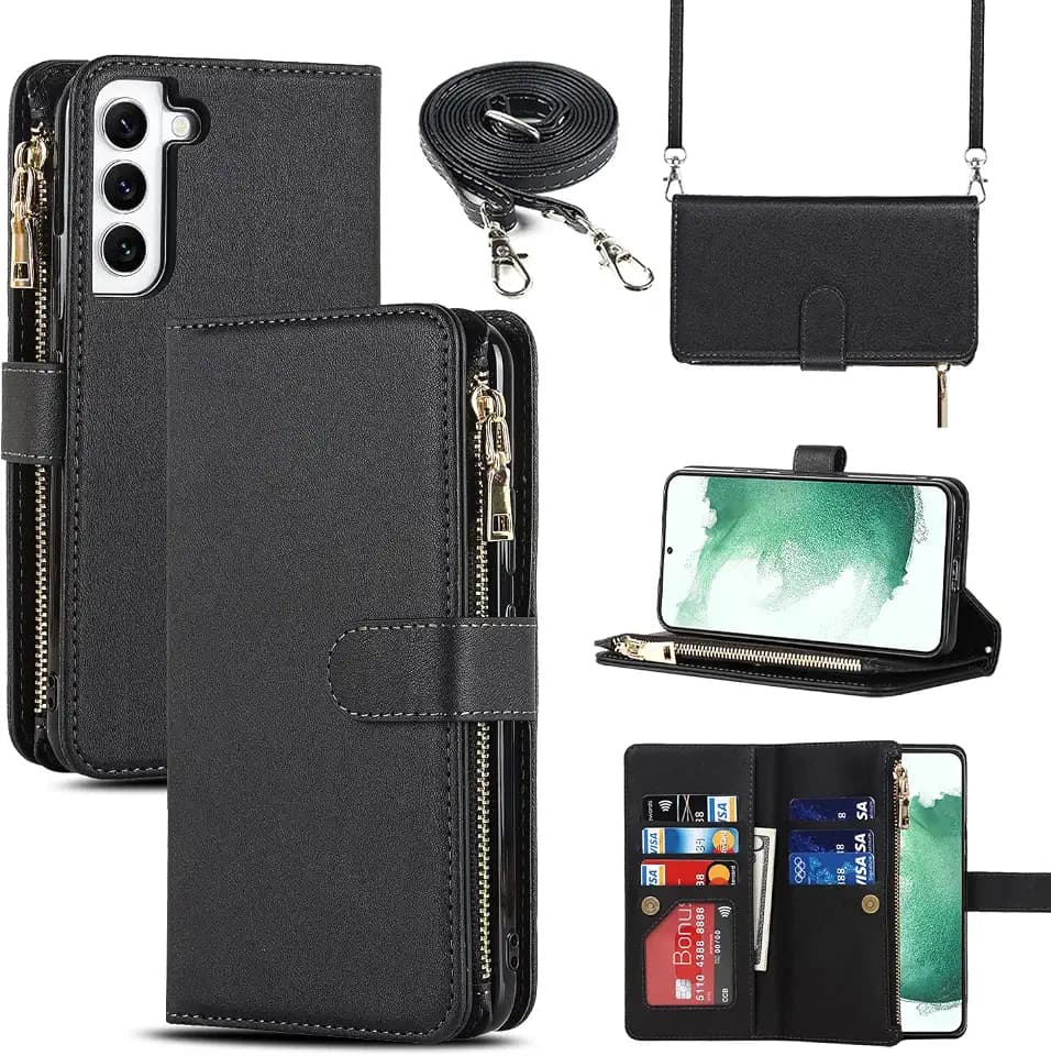 CAVOR Handykette Handyhülle Kompatibel mit Samsung Galaxy S22 Hülle Mit Band,Flip Leder Geldbörse Handytasche,[9 Kartenfach][Mit Kette],Umhängeband Klapphülle - Schwarz
