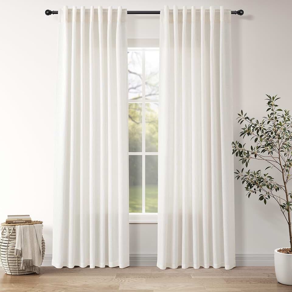 Ivory White Linen Back Tab Curtains 84 Inch Length for Bedroom/Living Room 2 Panel Set Neutral Modern Farmhouse Window Privacy Semi Sheer Linen Drapes Rustic Pinch Curtain Ivory 52X84
