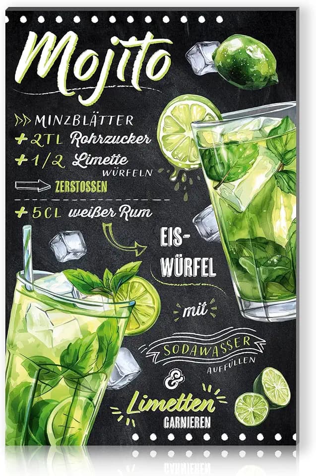 Cocktail Rezepte 20x30cm Alu Schild Deko Metallschild Dekoration für Bar Theke Pub Küche Cafe Geburtstag Geschenk Rezept RV003 (12 Mojito)