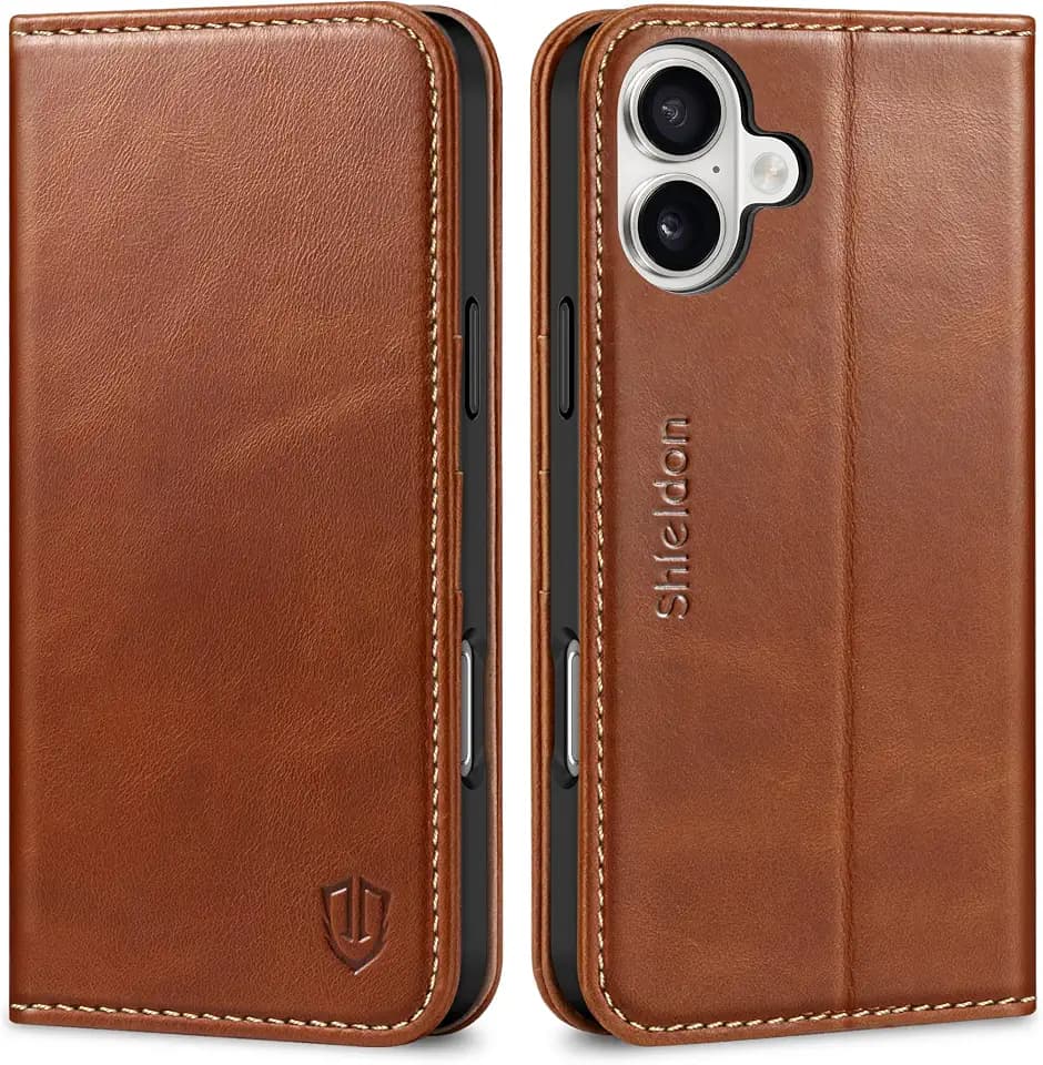 SHIELDON Genuine Leather Case Wallet for iPhone 16 Plus 6.7", Retro Brown