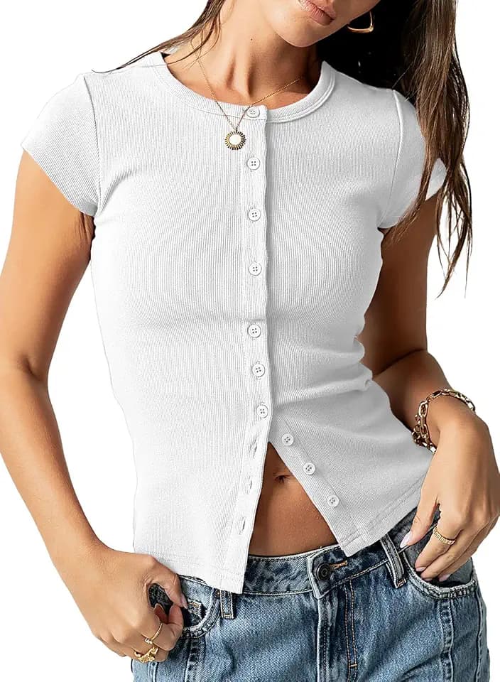Sidefeel Women's Ribbed Short Sleeve Top Button Down Slim Fit Tops