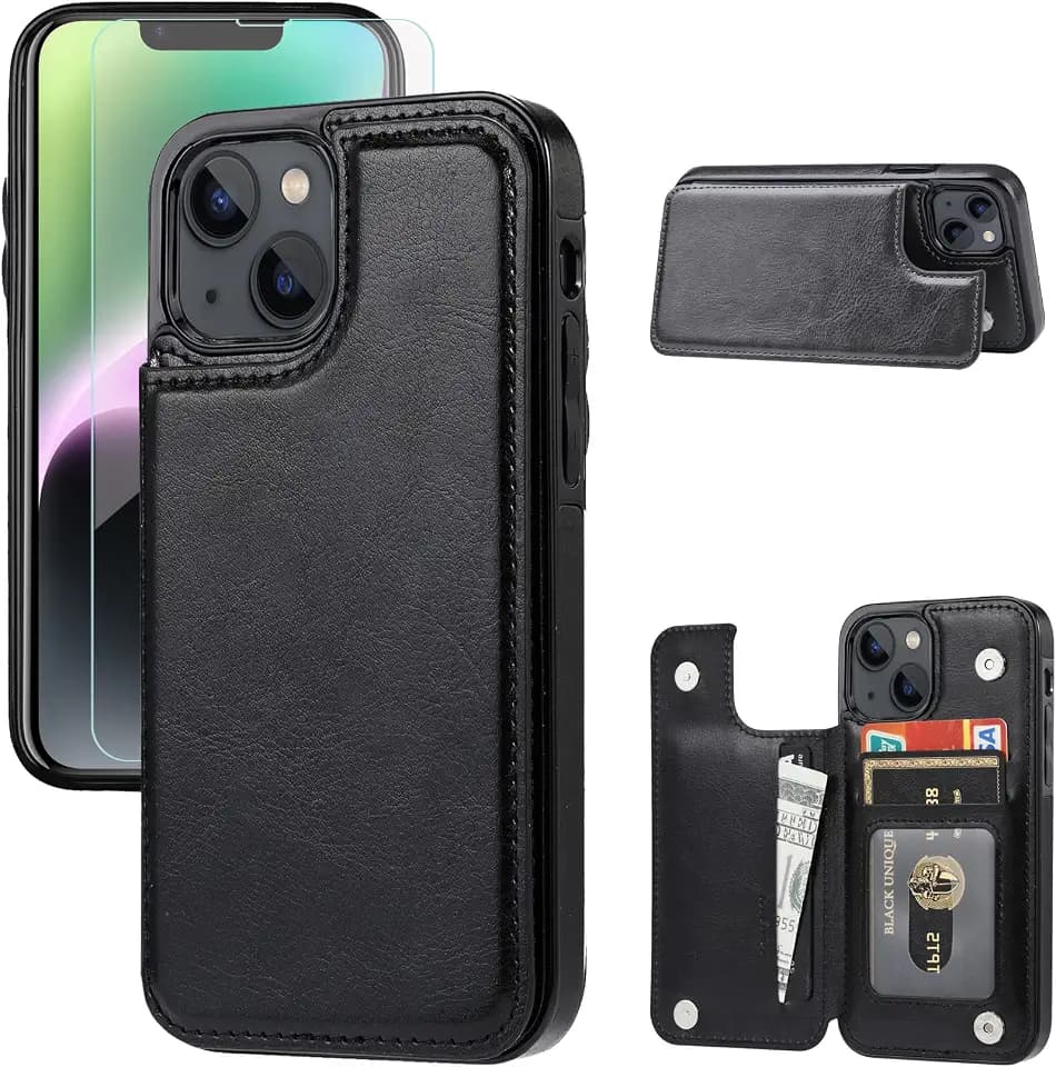 Wallet Case Compatible with iPhone 14, Slim Protective case with Card Holder,Premium PU Leather Kickstand Card Slots Case with a Screen Protective Glass for iPhone 14(6.1")-Black