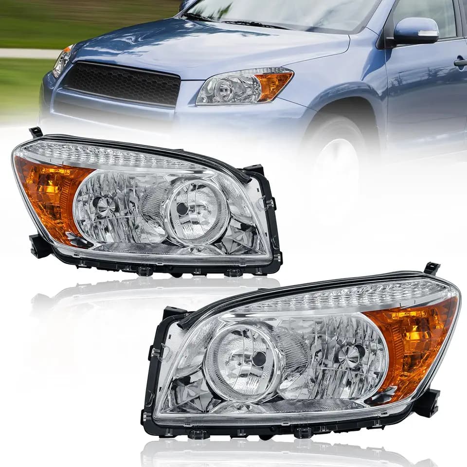 KUIPERAUTO Headlights Assembly Compatible with 2006-2009 Toyota RAV4 4-Door Halogen Only Chrome Housing Clear Lens Amber Reflector Front Lamps Driver and Passenger Side (Set of 2)#8113042331
