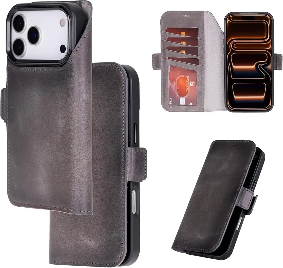Bayelon Leather Folio Case for iPhone 17 Pro 6.3", Flip Cover Card Holder, Genuine Leather Case, Folio Wallet Case, MagSafe Compatible Shockproof Flip Cover, Rfid Blocking -Smoked Black