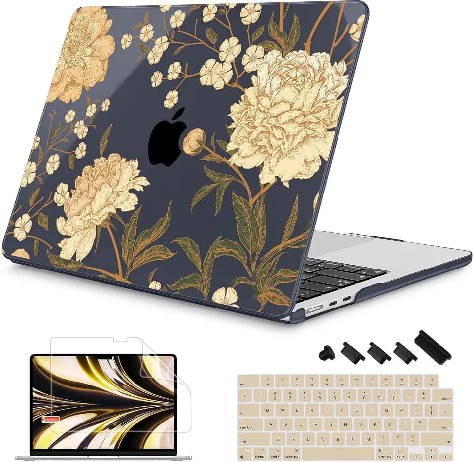 Mektron for 2026/2025/2024/2023 MacBook Air 15 INCH M5 A3448 /M4 A3241 /M3 A3114 /M2 A2941 Case, Printed Plastic Hard Shell Cover with 15.3" Liquid Retina Display Touch ID, Peony Flowers C186