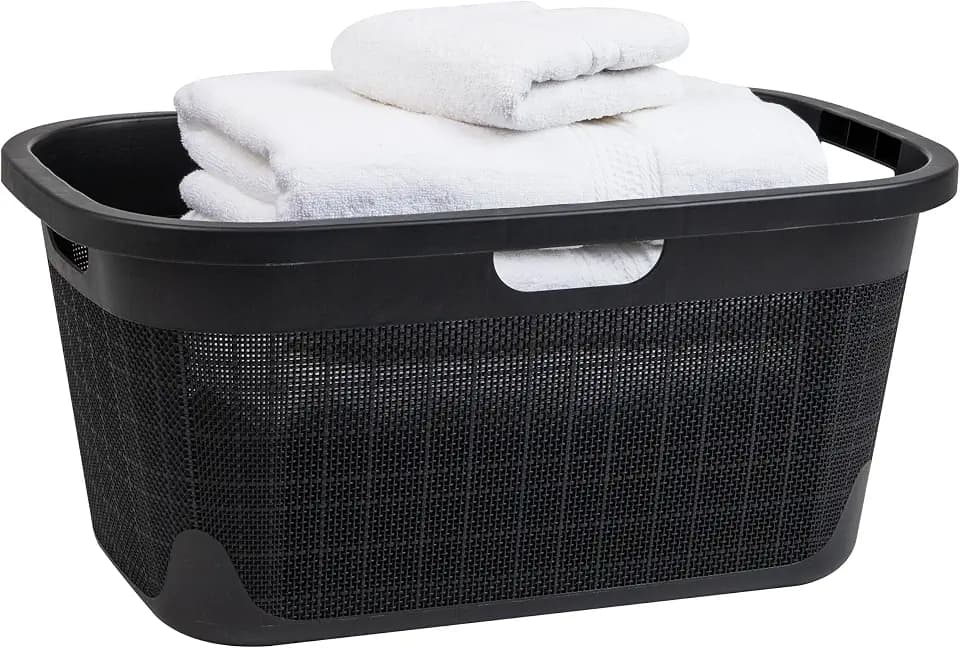 Mind Reader 40L Laundry Basket, Linen Design Clothes Hamper, Plastic Storage Bin with Handles, Black