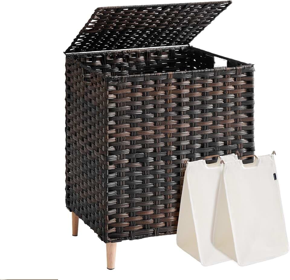 SONGMICS 2-Section Laundry Hamper with Lid, PE Rattan, 29 Gallons (110 L)