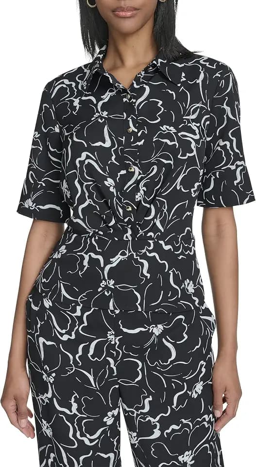 H Halston Womens Short Sleeve Ruffle Hem Button Front Top