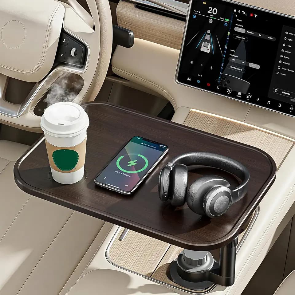 Car Desk for Laptop, Car Table & Car Tray with 360° Rotating Cup Holder, Adjustable Height Car Food Tray, As Car Table Tray or Car Seat Tray, Compatible with Tesla Model 3/Y/S, Ford/Most Vehicles