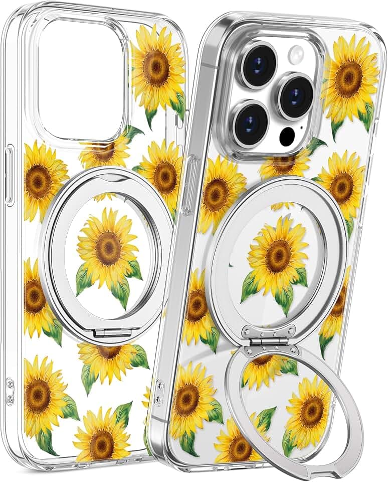Loheckle for iPhone 14 Pro Case with Stand- Compatible with MagSafe Women Girls Cute Clear Girly Aesthetic Unique Design Soft TPU Magnetic Ring Phone Cover for Apple 14 Pro, Sunflower