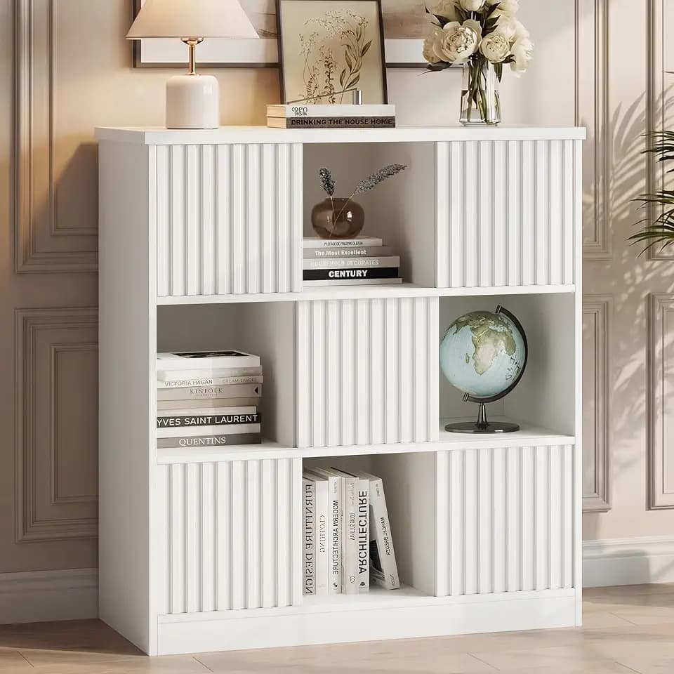 Einhomn Cube Storage Organizer with Sliding Doors, Wooden Bookshelf Storage Cabinet, 9 Cube Bookcase Organizer for Living Room Bedroom Office, White
