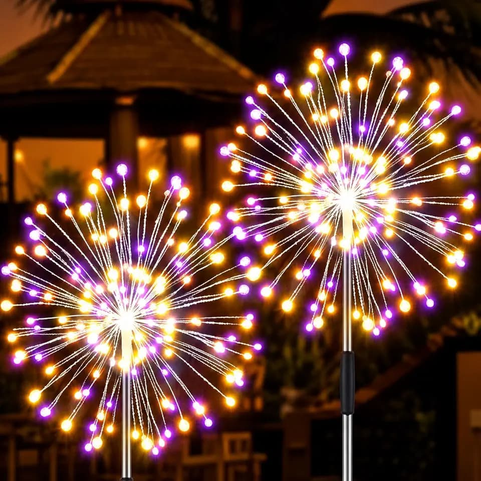 JJGoo Solar Firework Lights, 2 Pack 120 LEDs 2 Lighting Modes Solar Garden Lights Outdoor Waterproof for Yard Patio Walkway Pathway Party Wedding Christmas Decorative - Orange and Purple