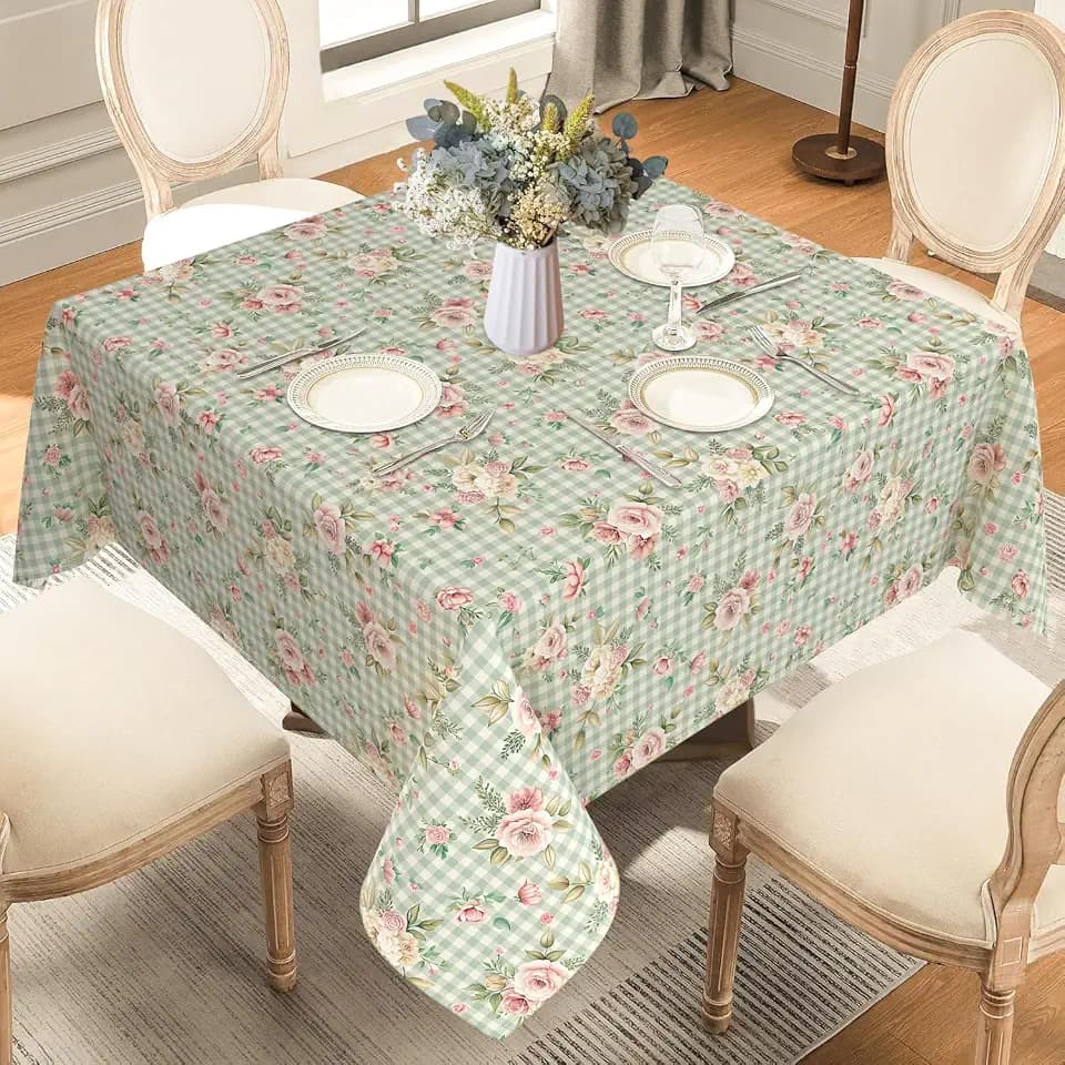 Square Tablecloth 52×52 inch Spring Floral Table Cloth Light Green Pioneering Women Decorations for Dining Room Coffee Table Outdoor Picnic
