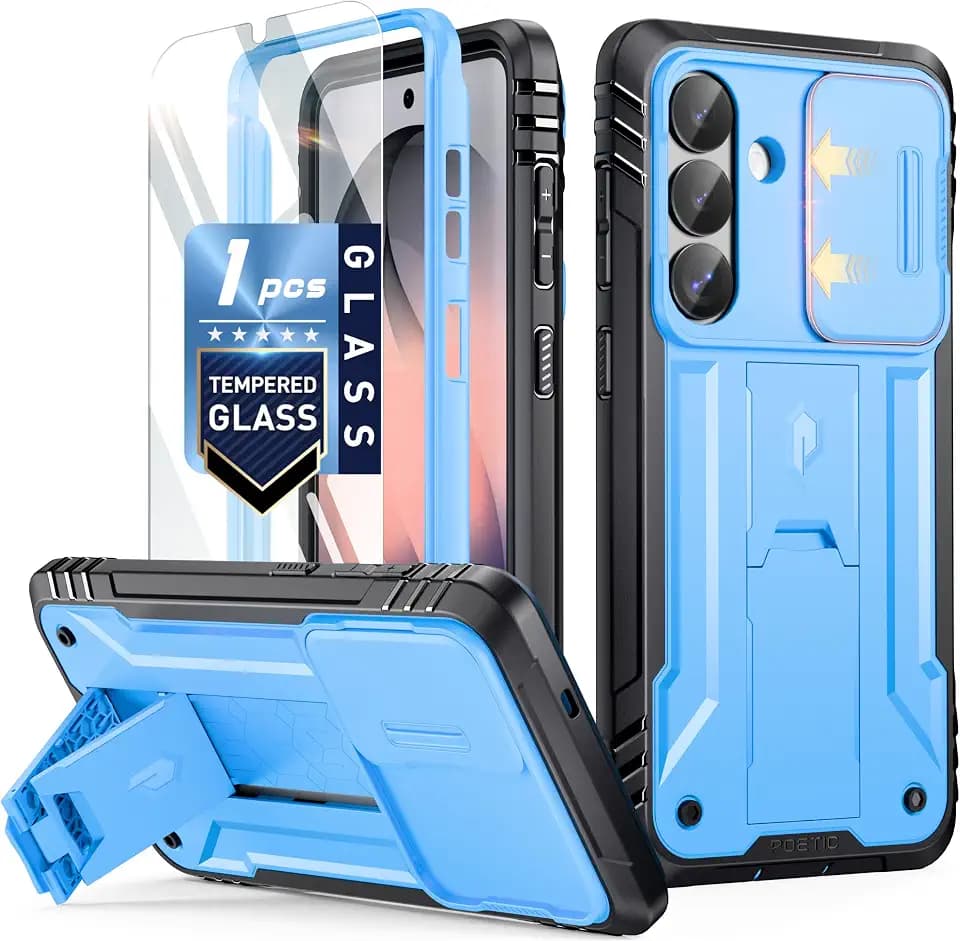 Poetic Revolution Case for Samsung Galaxy S26 Plus, [Slide Camera Cover], [20FT Mil-Grade Drop Tested], Full-Body Military Grade Rugged Dual-Layer Shockproof Cover with Kickstand, Light Blue