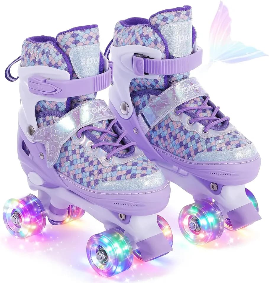 TOMSHOO Roller Skates for Girls Kids, Adjustable Light Up Quad Skates