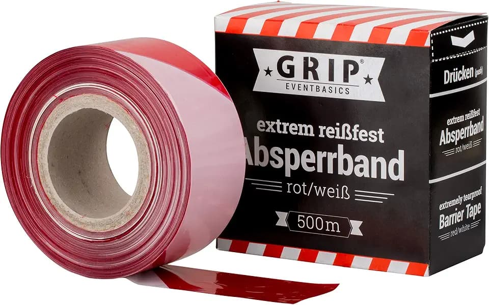 GRIP Eventbasics Absperrband rot weiß, 500 m x 70 mm, HDPE Flatterband extrem reißfest, nicht klebend, im praktischen Abrollkarton zur Absperrung und Markierung von Gefahrenbereichen