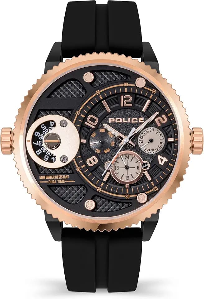 Police Ray Herren-Multifunktionsuhr mit Schwarzem Hydraulik-Muster-Zifferblatt und Schwarzem Silikonarmband, 51mm