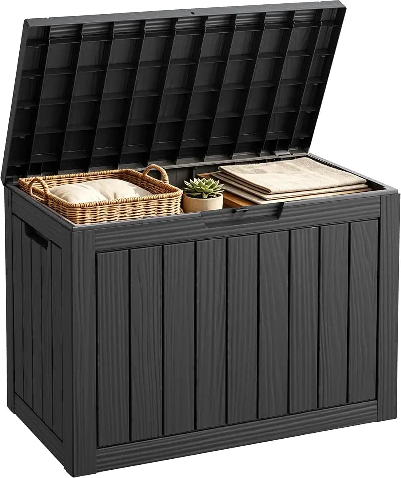 Fancyango 50 Gallon Waterproof Deck Box, Resin Outdoor Storage Box, Black