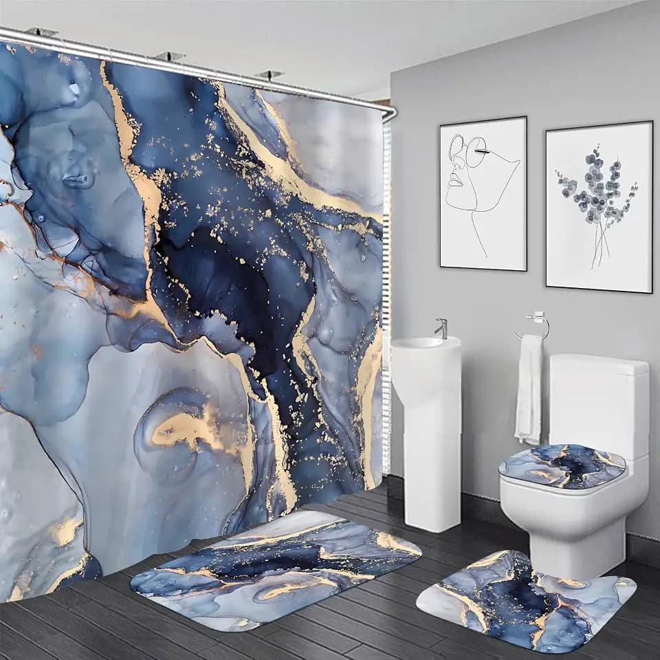 Nkzply 4 Pcs Blue Marble Shower Curtain Set Gold Bathroom Sets with Rugs