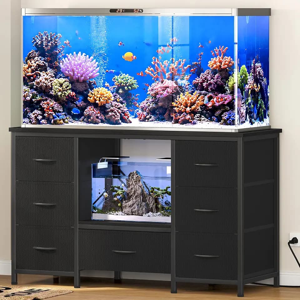 Snughome 55-75 Gallon Aquarium Stand with Power Outlet, Heavy Duty Fish Tank Stand with 7 Drawers, 8-Leg Reinforced Metal Frame, 850 lbs Capacity Fish Tank Cabinet with Storage, 51.3" L x 19.7" Top, Black