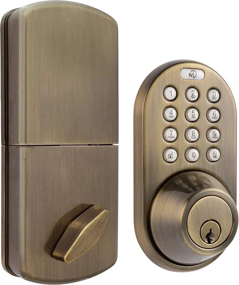 MiLocks TF-02AQ Keyless Entry Door Lock with Keypad, Auto-Lock Triple Security System, Easy to Install Keypad Door Lock for Interior or Exterior Use, Antique Brass