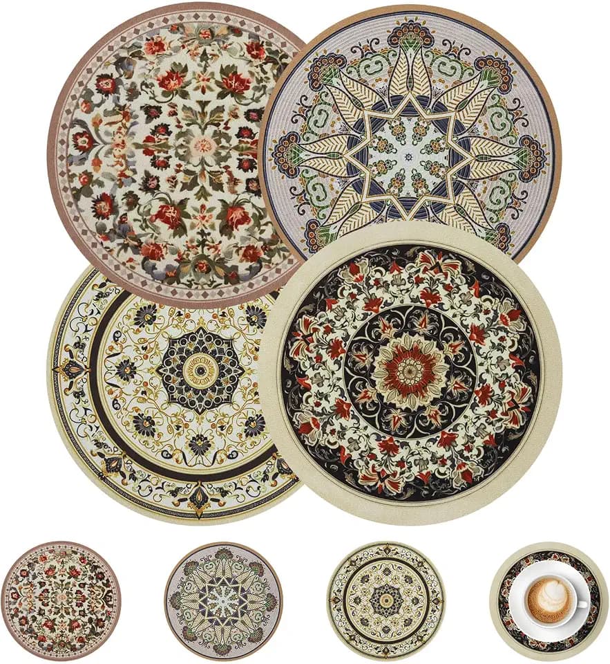 comfoyar Boho Round Placemats Set of 4 with 4 Coasters, 8.7 Inch Non-Slip Rubber Bohemia Place Mats, Vintage Style, Washable Absorbent Rustic Table Mats for Kitchen Dining Party Table Decoration