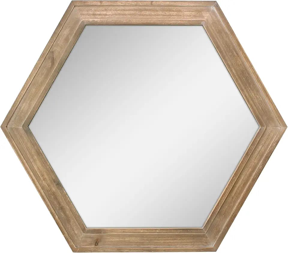 Stonebriar Decorative 24" Hexagon Hanging Wall Mirror with Natural Wood Frame and Attached Hanging Bracket