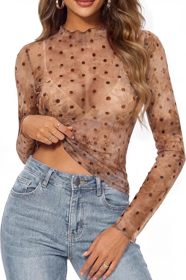 GRACE KARIN Damen Mesh Oberteil Langarm Netzoberteil Lace Top Rave Outfit
