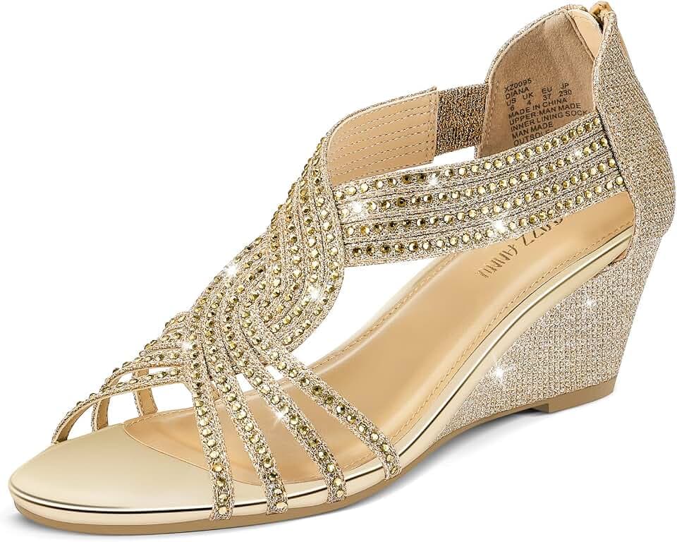PIZZ ANNU Women's Diana Low Wedge Sandals Sparkly Rhinestone Open Toe Fashion Dress Shoes for Woman Lady in Bridal Dance Evening