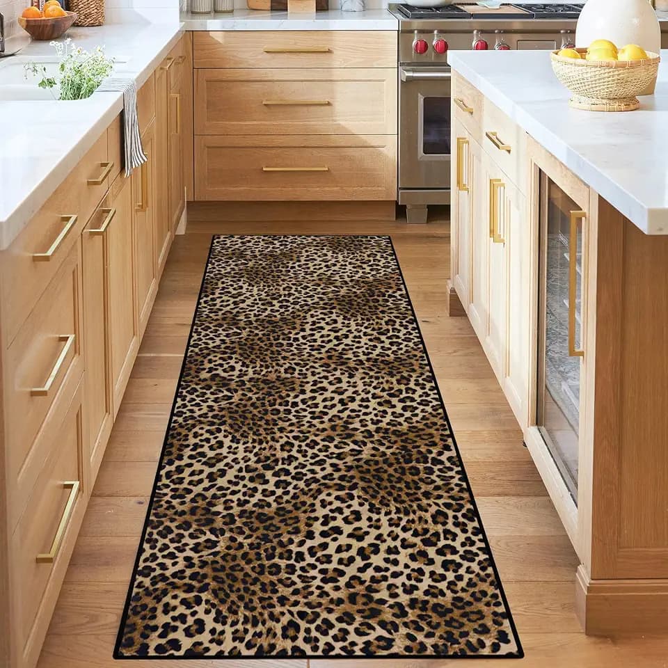 Leopard Rug 2x6 Runner Rug Washable Kitchen Runner Non-Slip Soft Modern Print Faux Wool Carpet for Hallway Indoor Entryway（2x6ft,Brown）