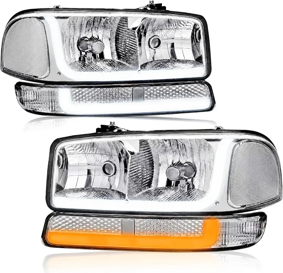 LED DRL Headlights Assembly Compatible with 1999-2007 GMC Sierra / 2000-2006 Yukon XL 1500 2500 Excluding Denali Vehicles Clear Reflector Chrome Housing