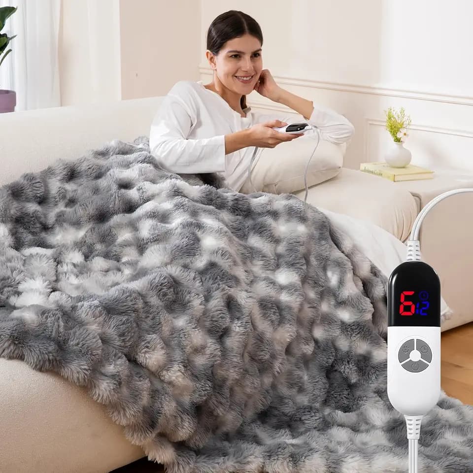 Electric Throw Blanket, Fluffy Bubble Faux Fur Heated Blanket Throw 50x60"
