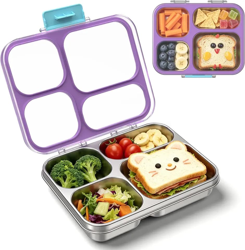 Stainless Steel Lunch Box for Kids, Leakproof 4 Compartment Kids Bento Lunch Box with Clear Lid, BPA-Free Steel Lunch Box Containers for School Travel (Purple)