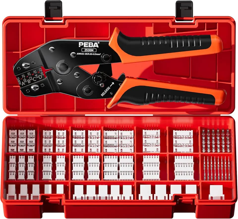 PEBA Crimpzange JST Stecker Set - 18 Arten 2,5 mm JST-XM Steckverbinder und Crimp Pins, 2/3/4/5/6/7 Polig JST Buchsengehäuse und Crimpkontakten, Crimpzangen für 0,03-0,5 mm² | DIY-Elektronikzubehör