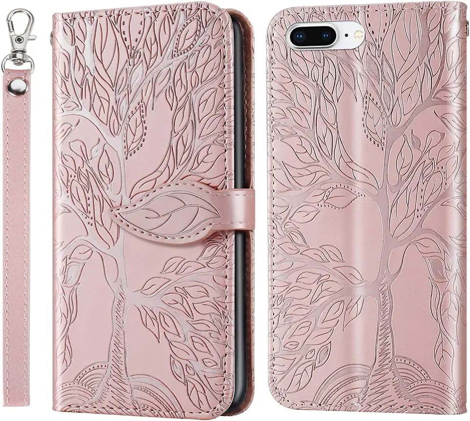 Wallet Case for iPhone 7 Plus/iPhone 8 Plus with Card Holder/Slot,PU Leather Flip Folio Shell [Magnetic Closure][Wrist Strap][Kickstand] Shockproof Cover Fit iPhone 7 Plus / 8 PlusRose Gold